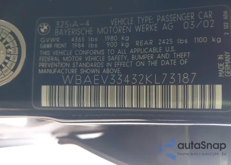 2002 BMW 325I z USA, uszkodzony, nr VIN WBAEV33432KL73187
